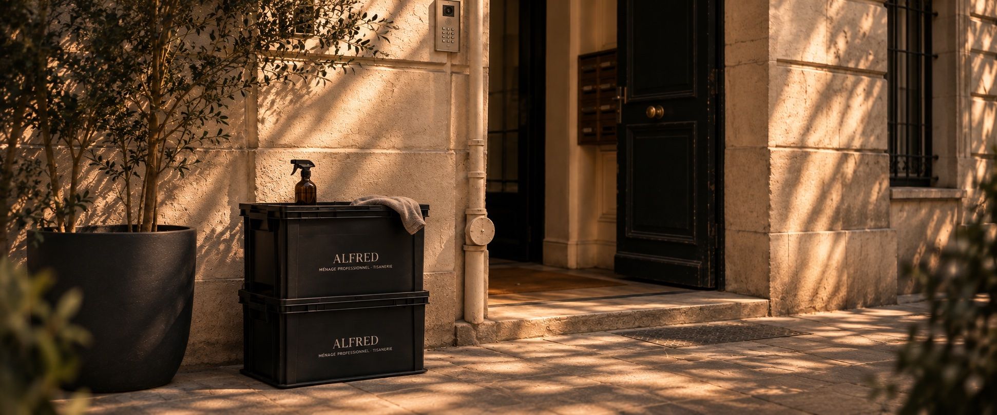 Deux caisses Alfred devant une porte cochère parisienne